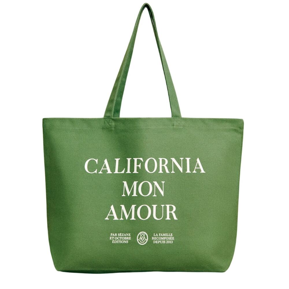Sezane Canvas Green California Mon Amour Tote Bag